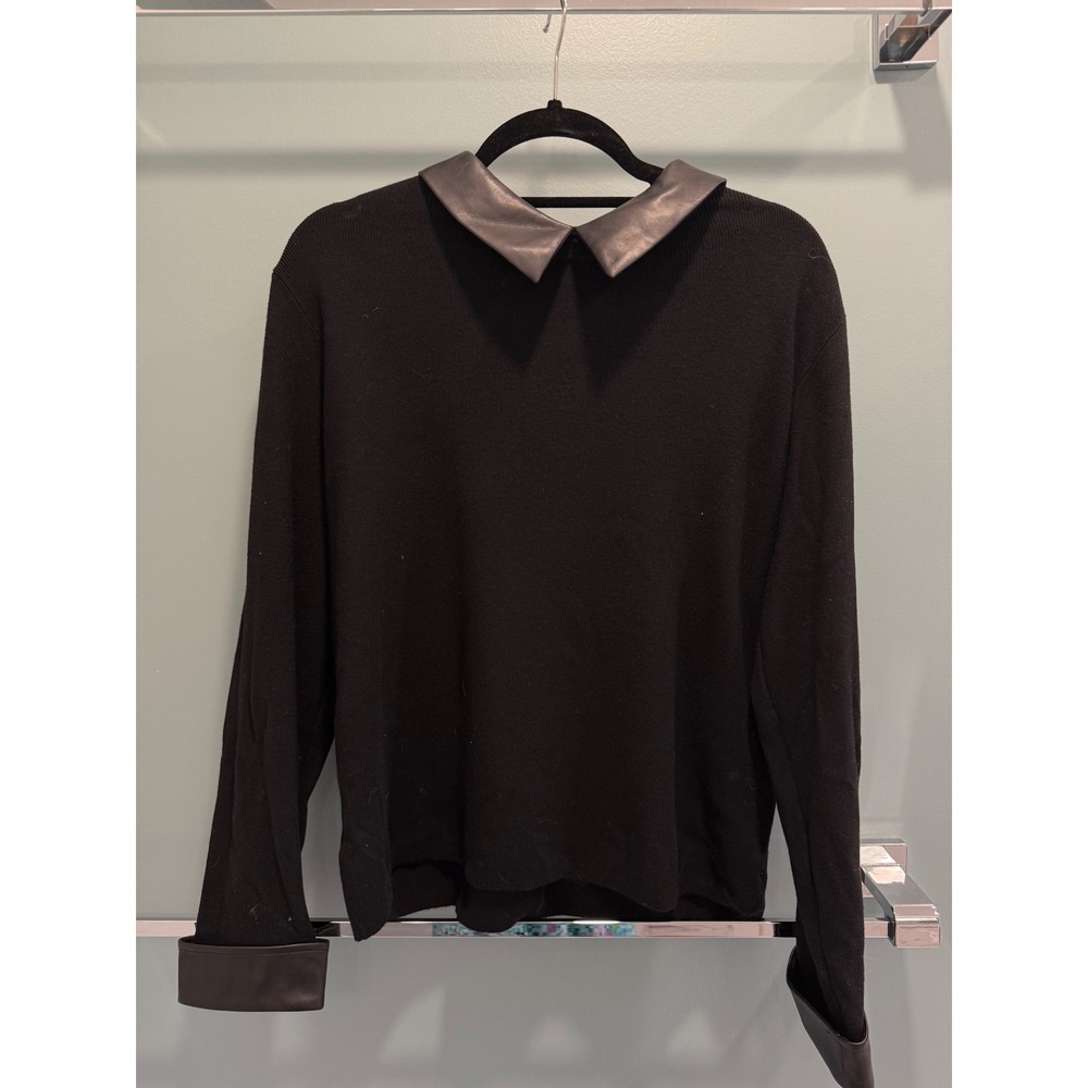 NWT Siani Milano Womens Black Knit Sweater Faux Leather Collar Cuffs XL